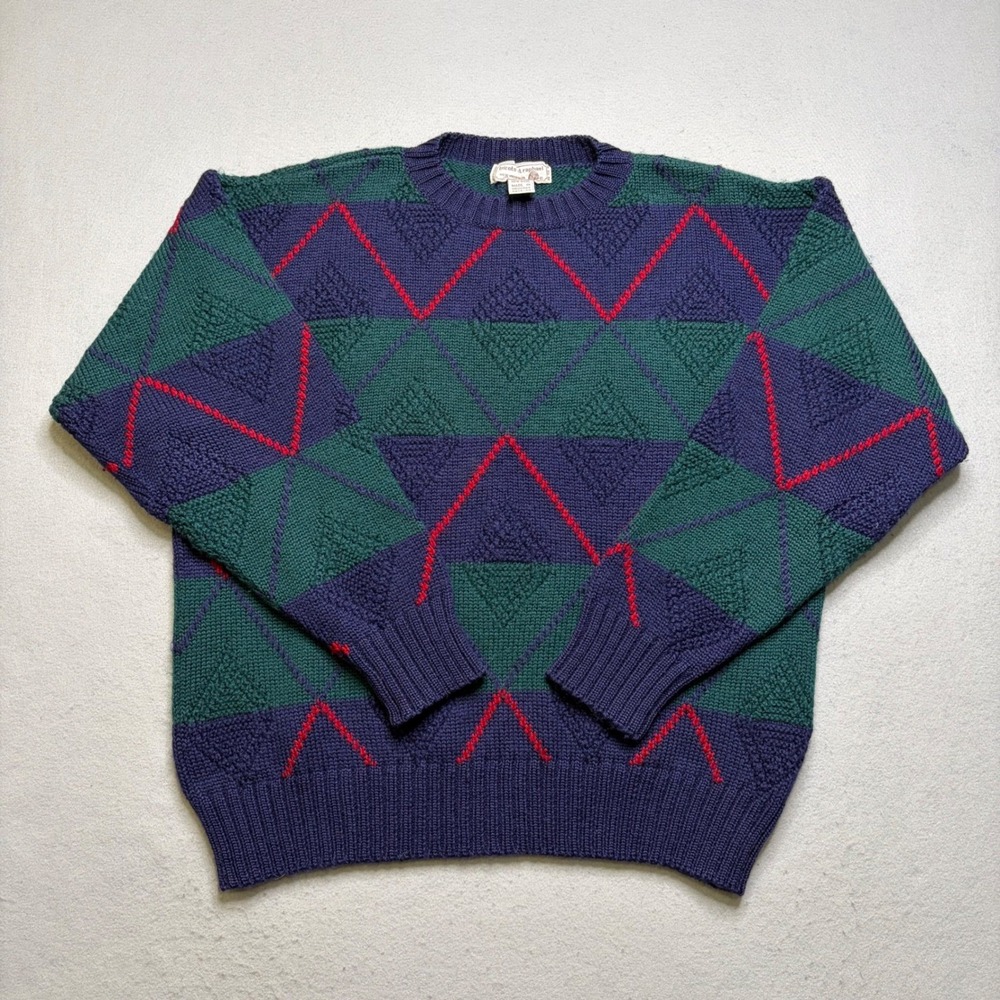 Tricots St Raphaelโ Sweater Mens XL Navy Green Wool Vintage Geometric Crewneck
